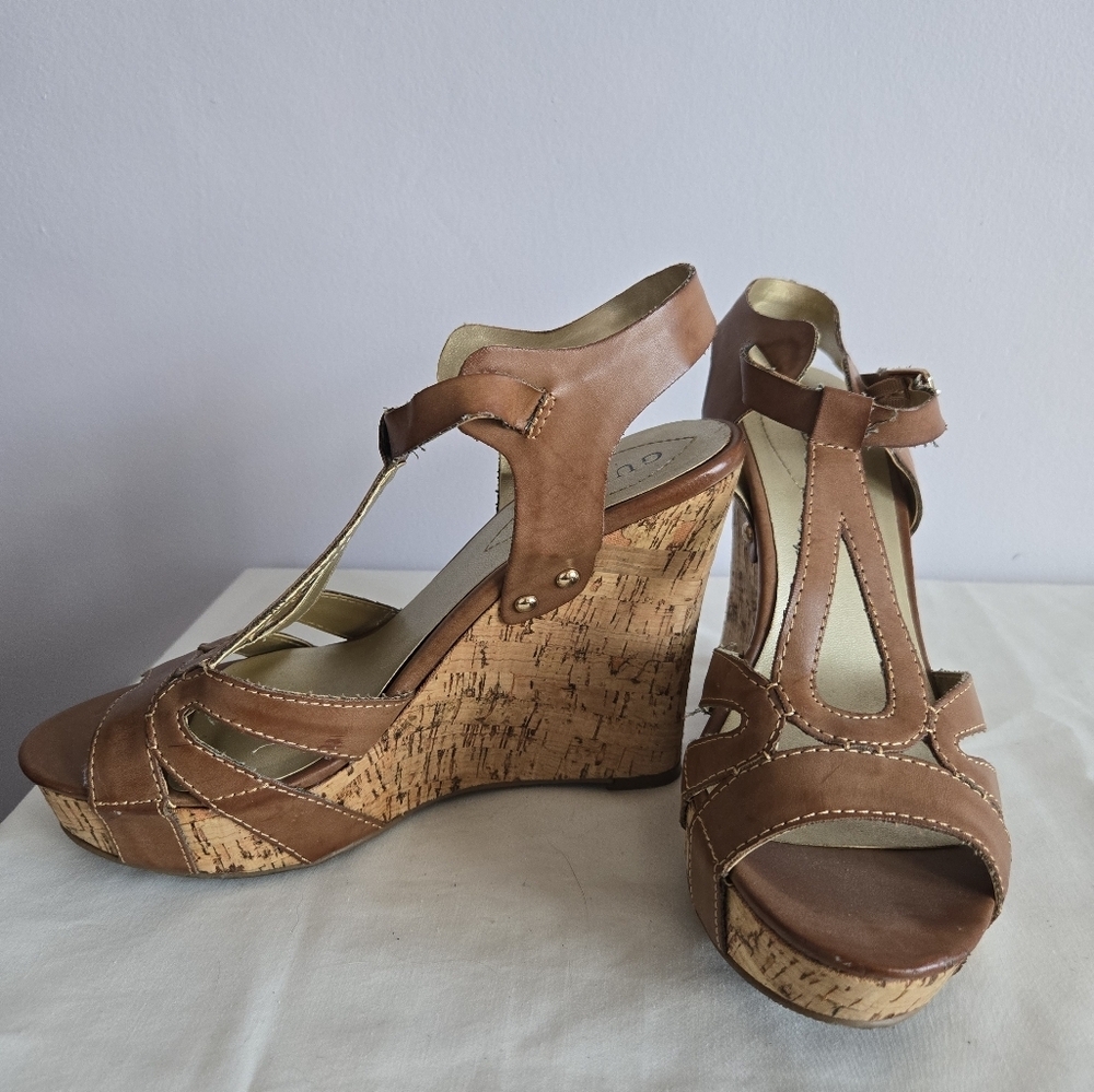 GUESS Brown Strappy Women's Wedges - Picture 2 of 6